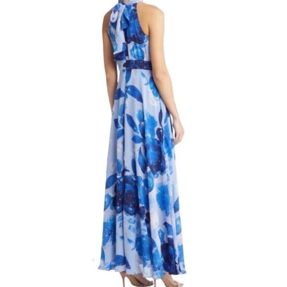 Eliza J Halter Neck Chiffon Maxi A Line Dress Gown Blue Floral Lined Size 10 NWT - Picture 2 of 7